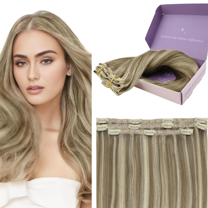 Fshine Clip Extensions Echthaar Günstig, 25cm 3 Stücke 50g Echthaar Extensions Clip in Aschbraun Hig