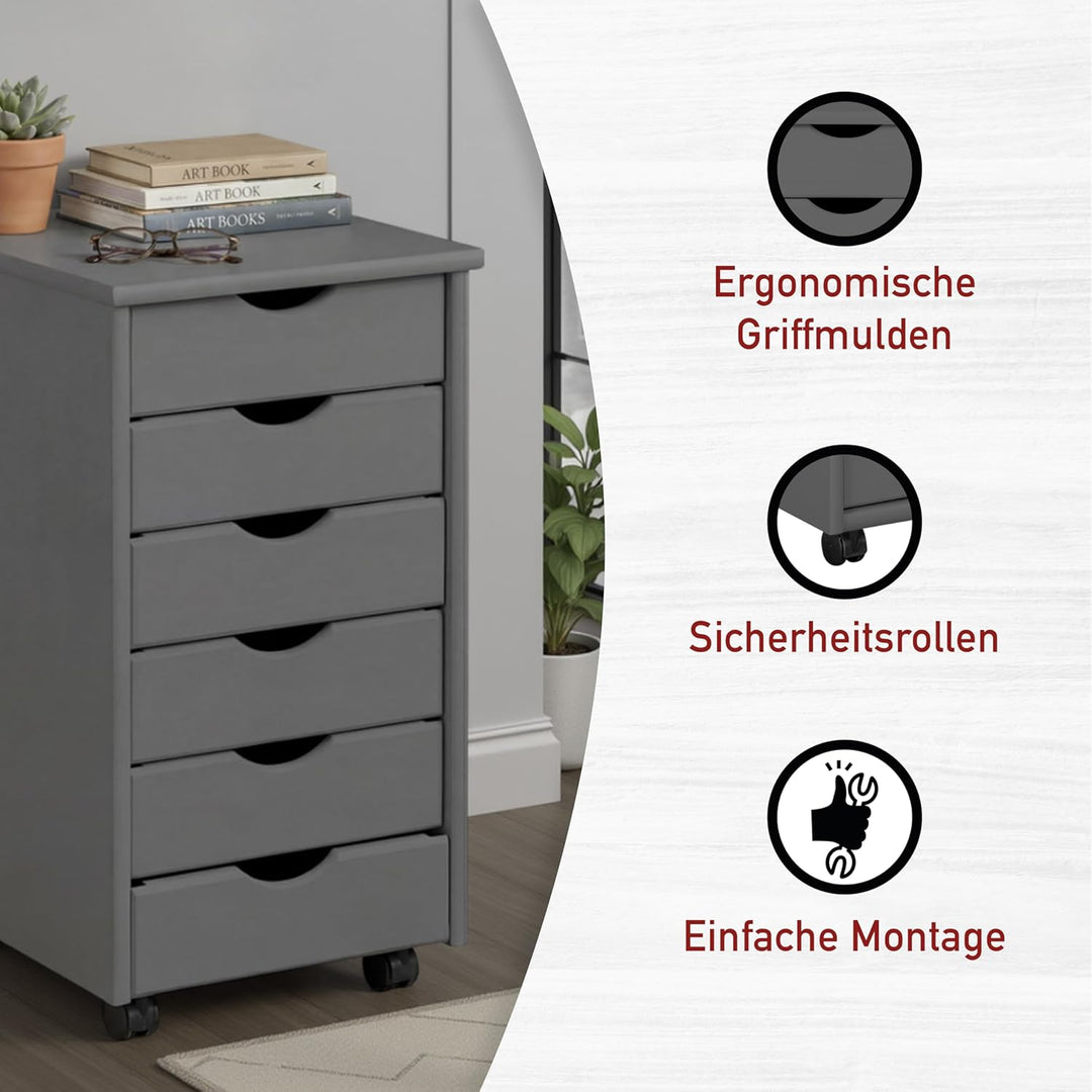 Inter Link Rollcontainer mit 6 Schubladen – Bürocontainer auf Rollen – Massivholz Kiefer Grau lackie