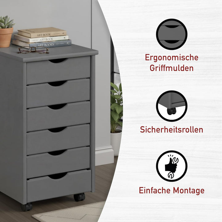 Inter Link Rollcontainer mit 6 Schubladen – Bürocontainer auf Rollen – Massivholz Kiefer Grau lackie