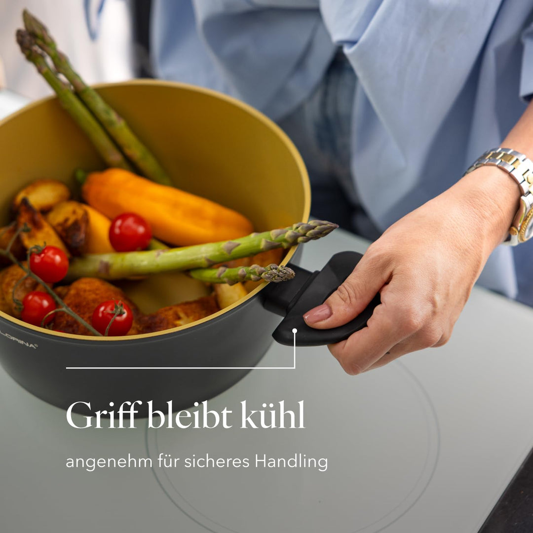 FLORINA AMVEGAN Aluminiumtopf 20 cm I 2,1L I Hohe Haltbarkeit I Glasdeckel I Olivenöl-Keramikbeschic