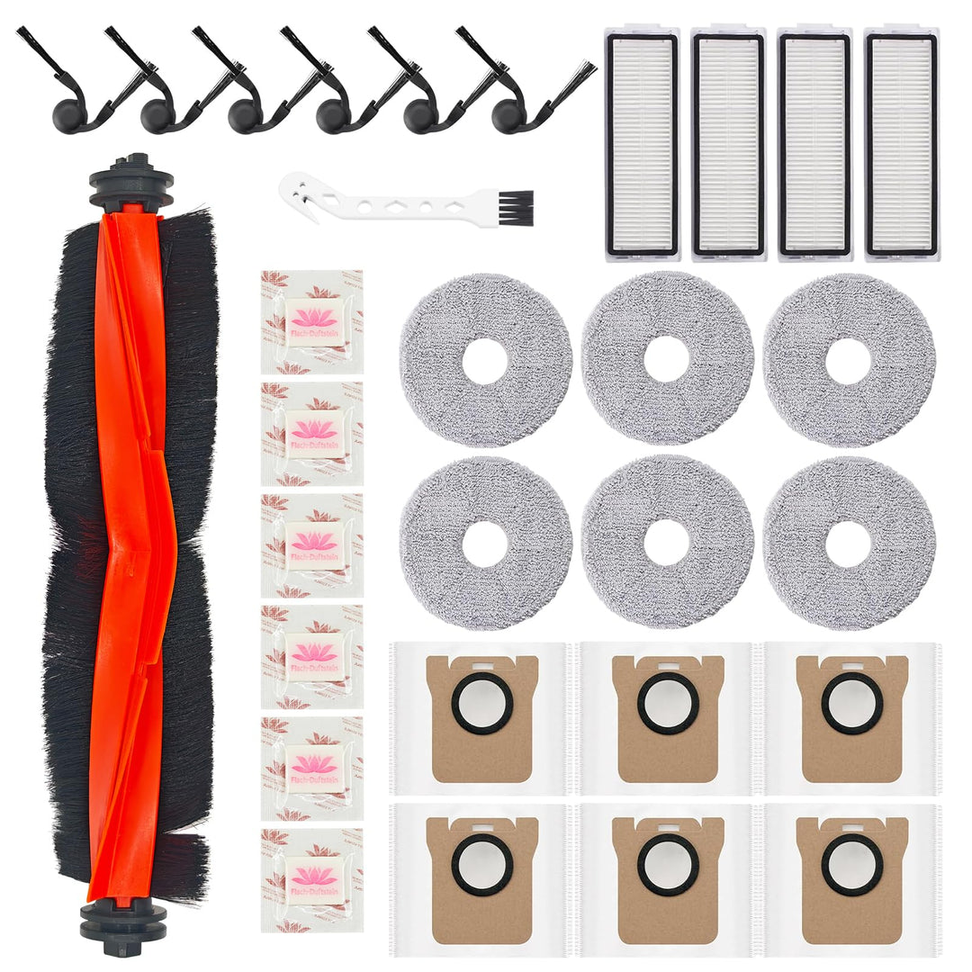 30 Stück Zubehör für Xiaomi 5/5 Pro Saugroboter Ersatzteile, 1 Hauptbürste, 6 Seitenbürsten, 6 Wisch