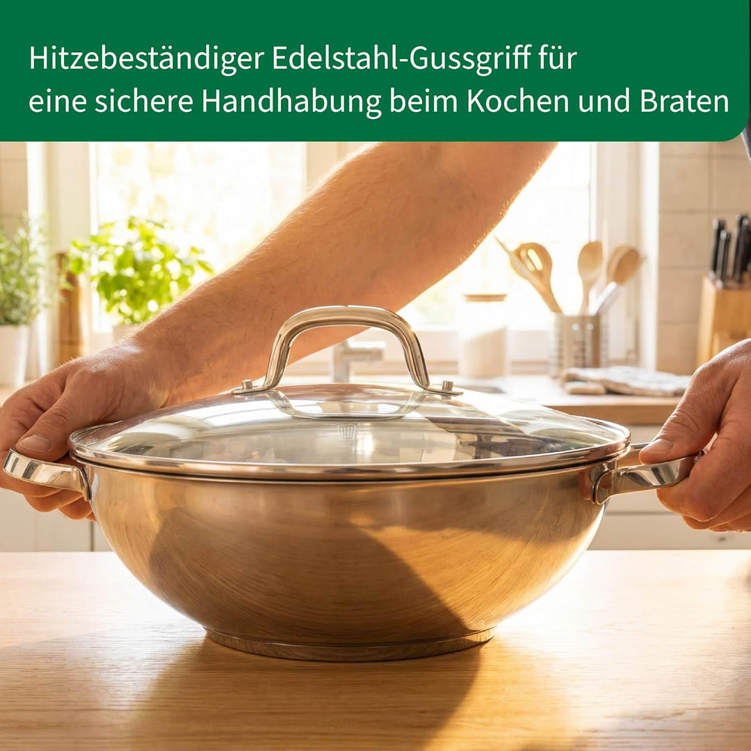 FACKELMANN Chefkoch trifft Wokpfanne Rosenheim – Ø30 cm, Glasdeckel inkl. Dampföffnung und Aluminium