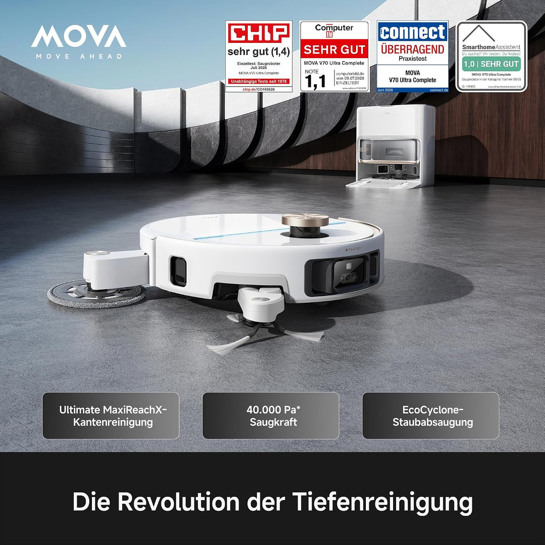 Mova V70 Ultra Complete X Saugroboter, MaxiReachX-Doppelverlängerung Seitenbürste &amp; Mopp, 40.000 Pa