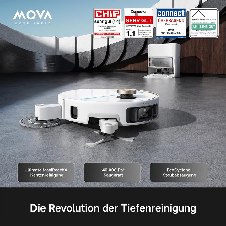 Mova V70 Ultra Complete X Saugroboter, MaxiReachX-Doppelverlängerung Seitenbürste &amp; Mopp, 40.000 Pa