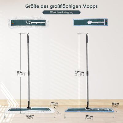 Myiosus Flach Wischmopp, 105cm Breit Gross Flachmopp, Baumwolle & Mikrofaser Mopp mit Edelstahlgriff