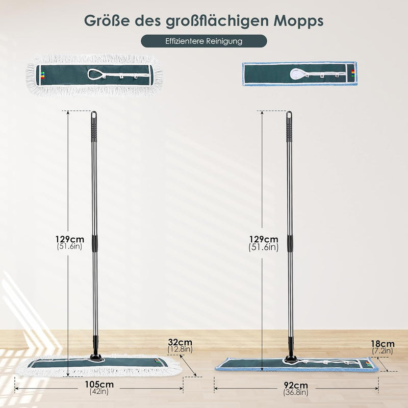 Myiosus Flach Wischmopp, 105cm Breit Gross Flachmopp, Baumwolle & Mikrofaser Mopp mit Edelstahlgriff