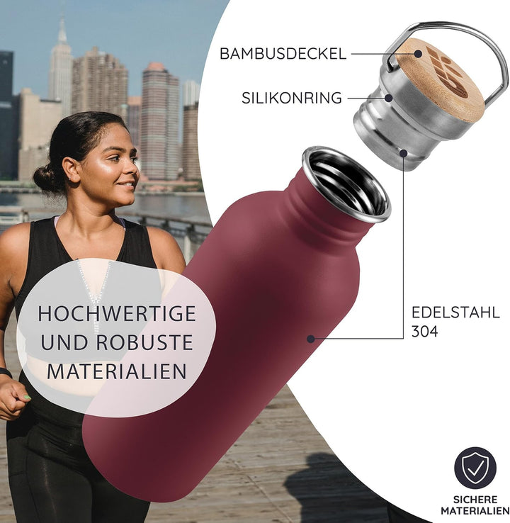 Bambaw Trinkflasche Edelstahl Kinder 500ml, Nicht-isolierte Trinkflasche Rot, Edelstahl Fahrrad Trin