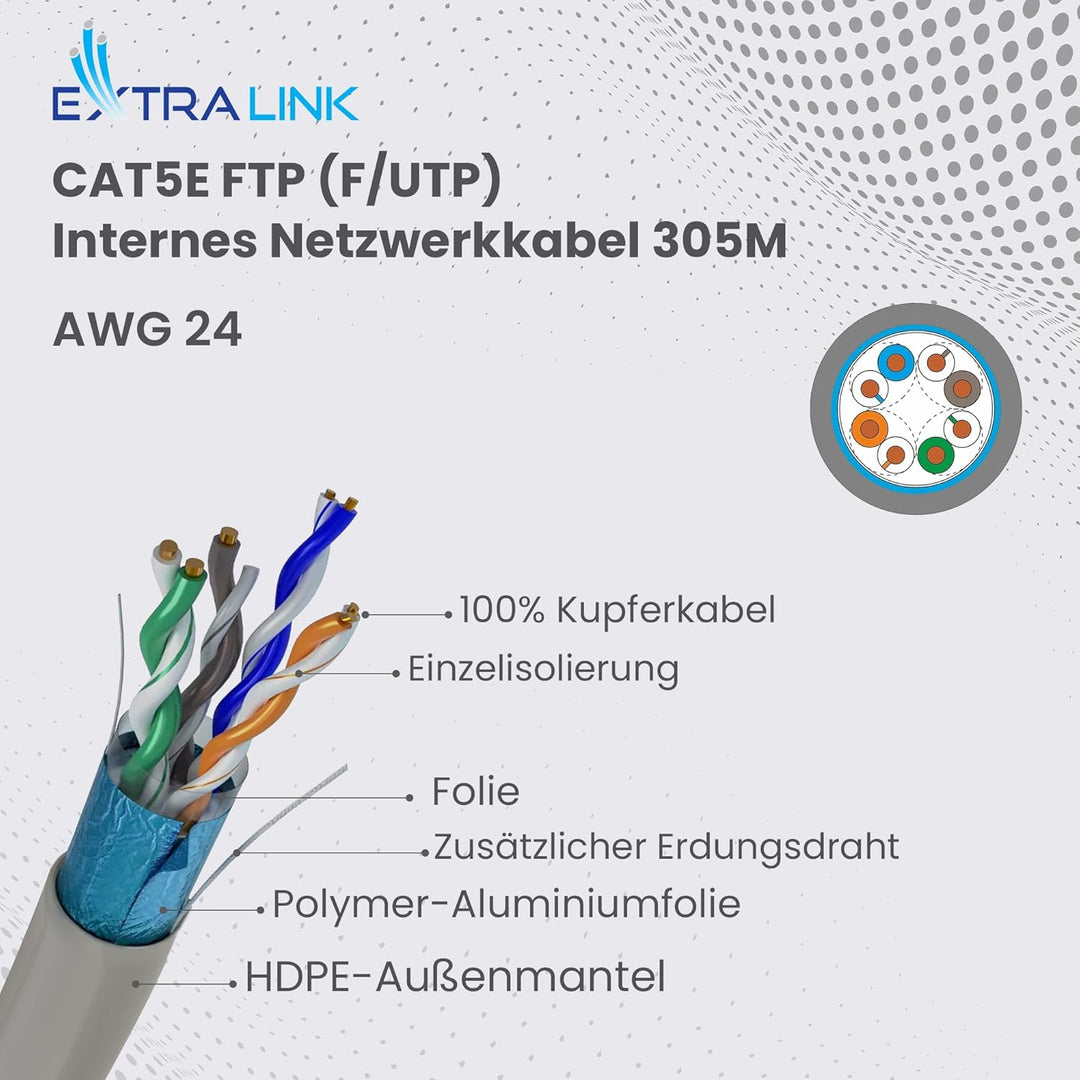 EXTRALINK 305m CAT5e Netzwerkkabel LAN Verlegekabel Innenbereich – 100% Kupfe U/UTPr, PVC Mantel, bi