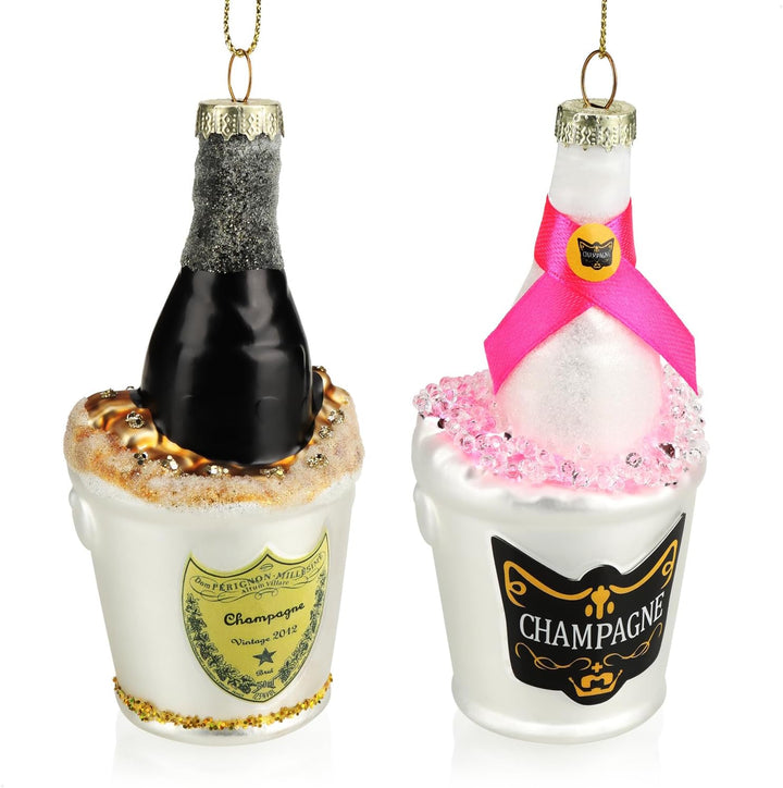 com-four® 2X Christbaumschmuck - Deko-Champagnerflasche im Sektkühler - besondere Baumkugeln als Wei