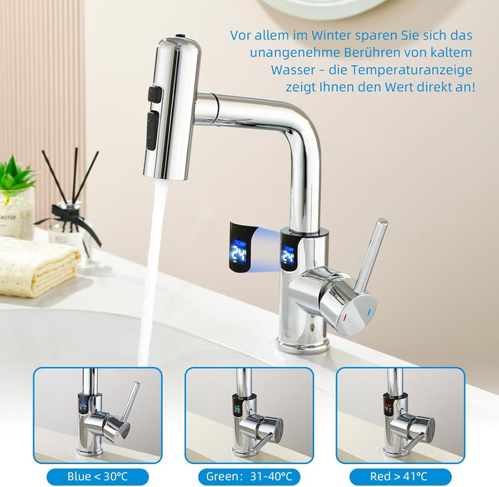 Wasserhahn Bad Mynaiad mit LED-Temperaturanzeige Badarmatur, Brause Ausziehbar, Badarmatur 360° Schw