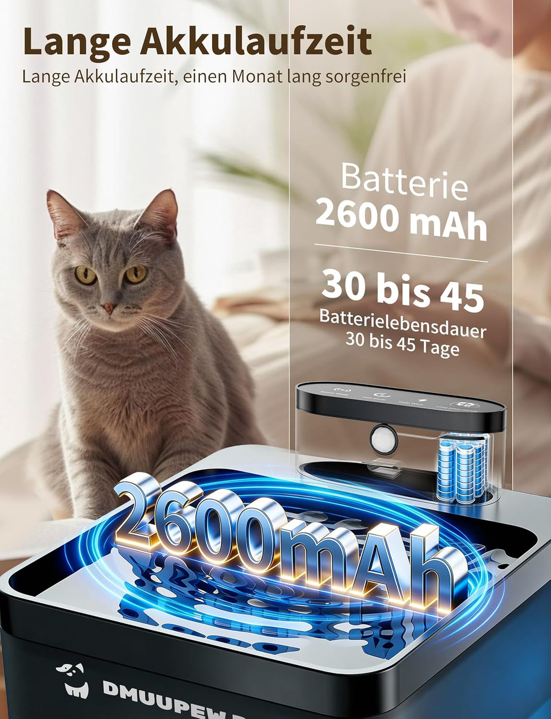 Katzenbrunnen, 2,2 L, kabellos mit LED, Bewegungsmelder, leise Pumpe 30dB, Batterie 2600mAh, Premium