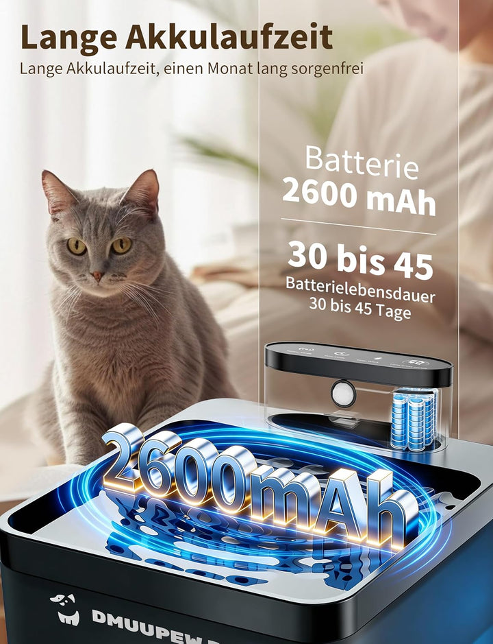 Katzenbrunnen, 2,2 L, kabellos mit LED, Bewegungsmelder, leise Pumpe 30dB, Batterie 2600mAh, Premium