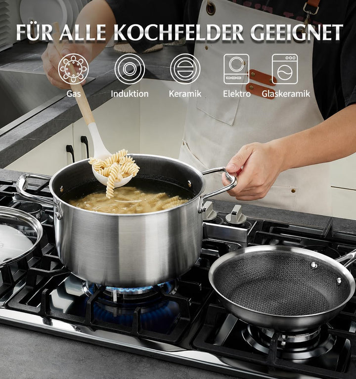 KOCH SYSTEME CS Edelstahl-Topfset 6-teilig mit Glasdeckel,18/20/26 cm, Edelstahl-Kochtopf-Set mit Hy