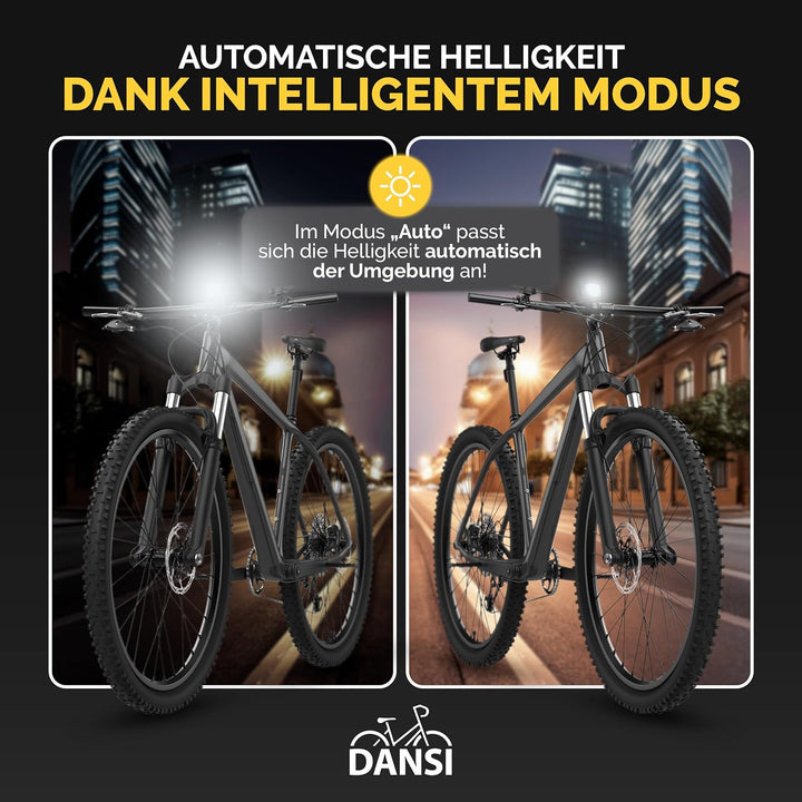 DANSI Fahrradleuchten-Set StVZO I LED-Fahrradlicht I Rad-Licht hell vorne 60/30/15 Lux, Akku-Leuchte