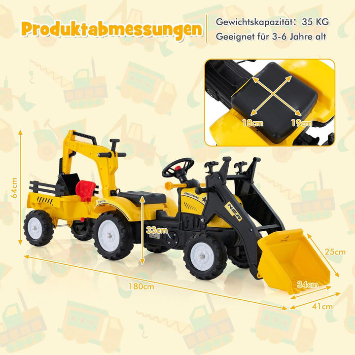 COSTWAY Trettraktor, Kinder Traktor mit Abnehmbarer Anhänger & Grabschaufel, Baggerlader bis 35 kg b