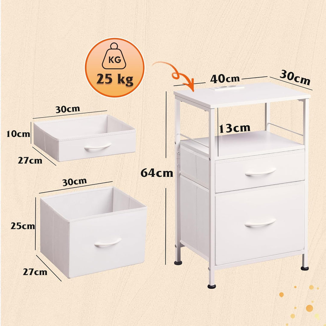 WLIVE Nachttisch Weiss mit Steckdose, Beistelltisch mit 2 Stoff-Schubladen und Ablage, Metallrahmen,