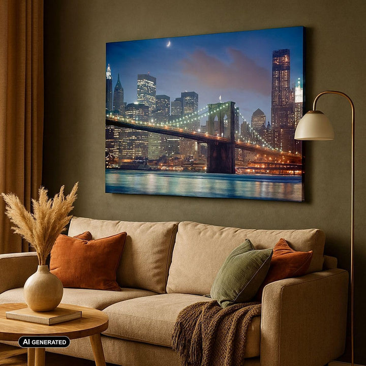 Bilder auf Leinwand 100x70cm Leinwandbild Brooklyn brücke nacht new york city Gross Wanddeko Bild Sc