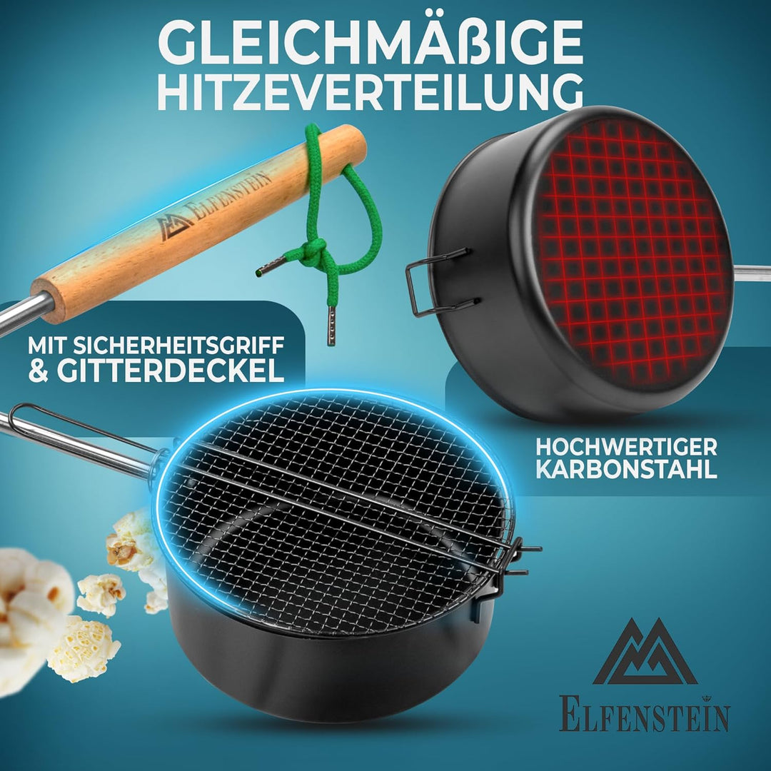 Popcorn Maker Lagerfeuer aus hochwertigen Karbonstahl & Sicherheitsgriff, Outdoor Popcorn-Pfanne für