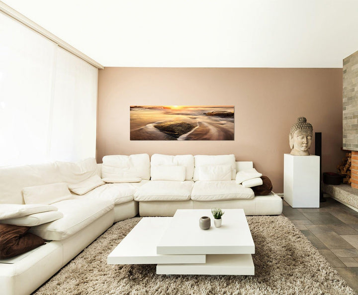 Paul Sinus Art Panoramabild auf Leinwand und Keilrahmen 150x50cm Meer Steine Felsen Dunst Sonnenaufg
