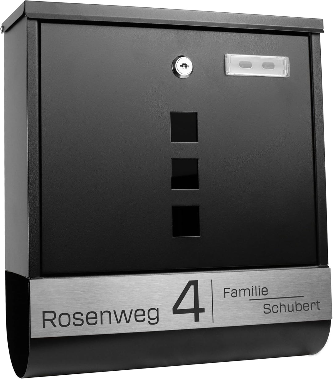Grafner Briefkasten personalisiert, schwarz mit Zeitungsfach und 2 Schlüssel, V2A Namensschild, Post