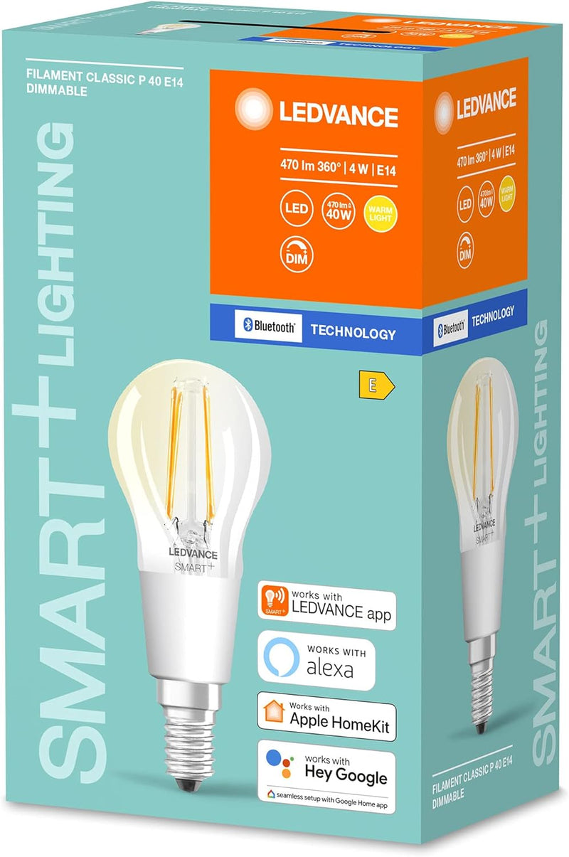 LEDVANCE Smarte LED-Lampe mit Bluetooth Mesh, Klares Filament E14 Leuchtmittel mit Tropfenform, Dimm