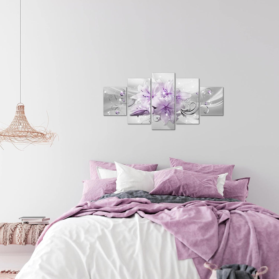 Runa Art Wandbilder Blumen Lilien 5 Teilig Bild auf Vlies Leinwand Deko Wohnzimmer Abstrakt Violett