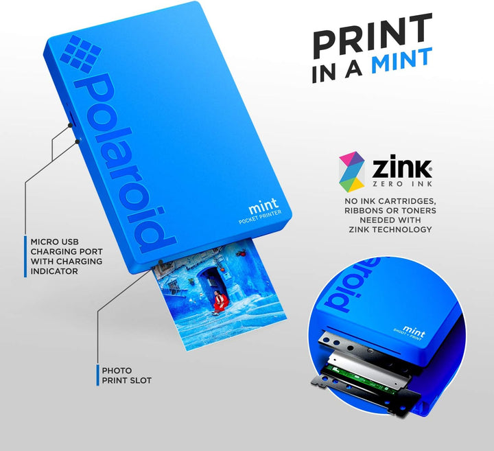 Polaroid Mint: Taschendrucker mit Zink-Papier. Bluetooth für Android- und iOS-Geräte. Druckt in selb
