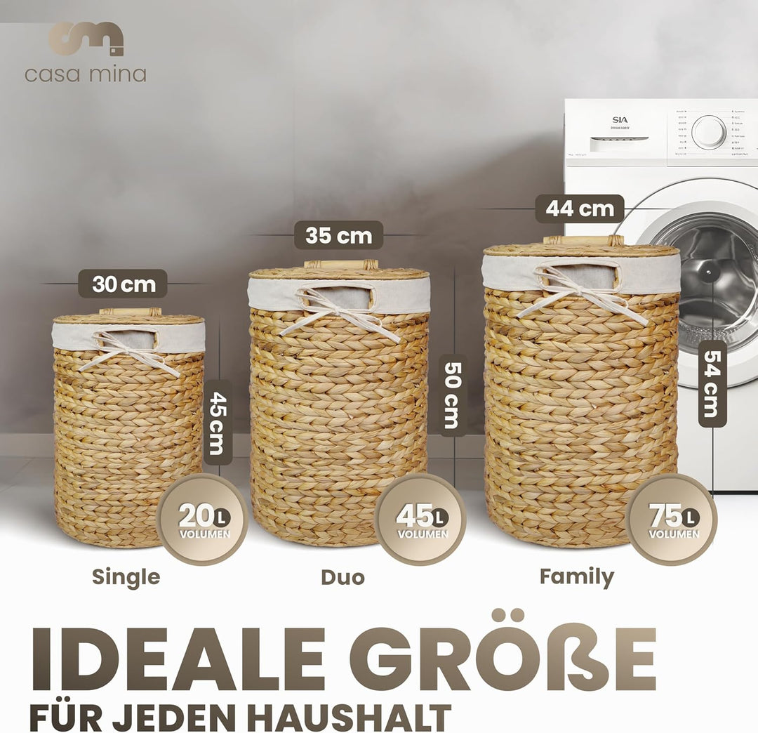 Casa Mina® Wäschesammler mit Deckel D45 x H55cm hoch I Atmungsaktiver Wäschekorb geflochten aus 100%