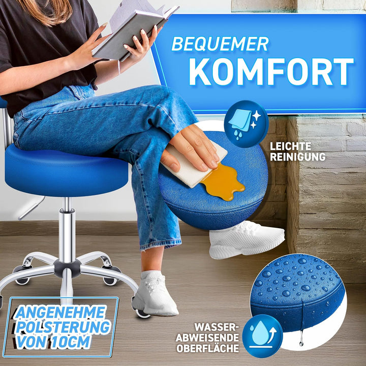 TRESKO® Rollhocker mit Lehne höhenverstellbar 10cm Dicke Polsterung Drehbar | Hocker 46-58cm | Arbei