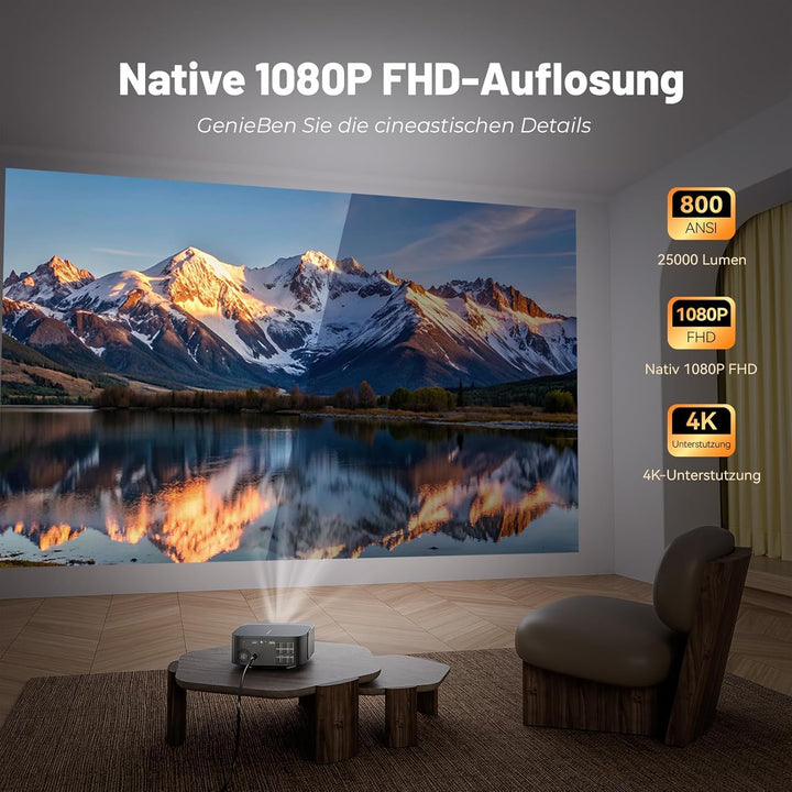 Beamer 4K【Official Netflix & Remote Focus/Trapezkorrektur】 25000 Lumens Beamer 4K Heimkino Unterstüt