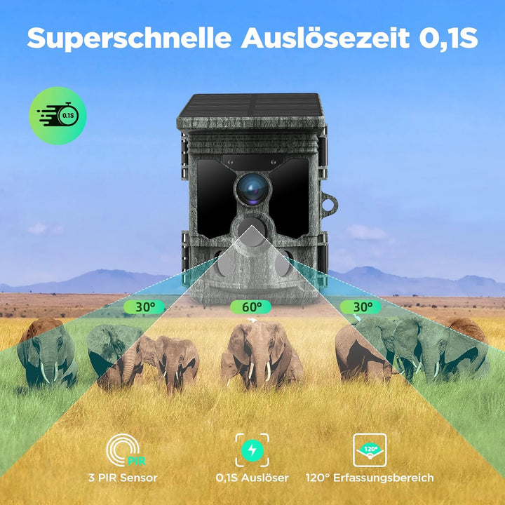 VOOPEAK Wildkamera WLAN Solar, 4K 30fps 46MP Wildkamera mit Handyübertragung App, Wildtierkamera mit