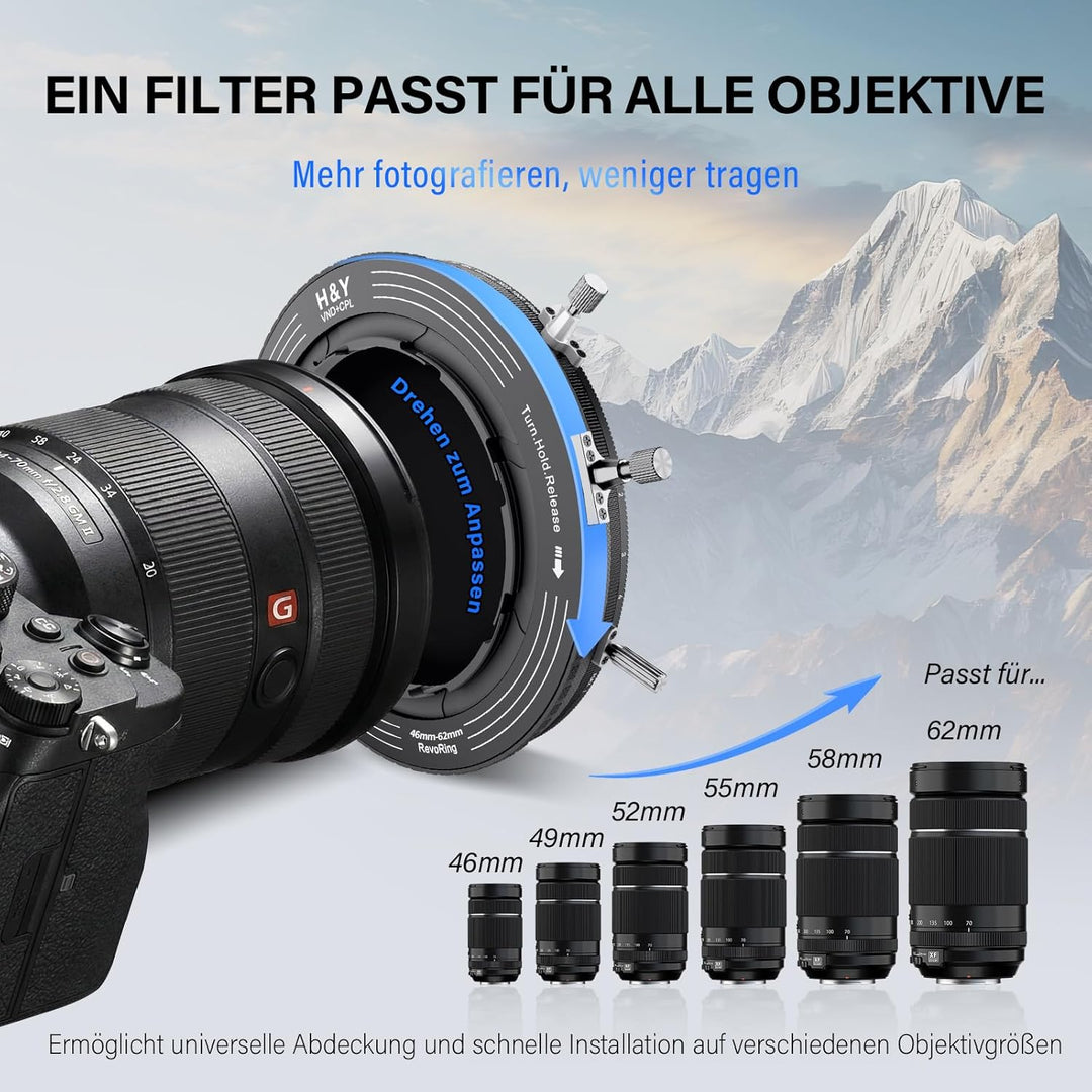 H&Y RevoRing MKⅡ 46 mm, 49 mm, 52 mm, 55 mm, 58 mm, 62 mm Variabler ND-Filter & CPL-Polarisator, 3-i
