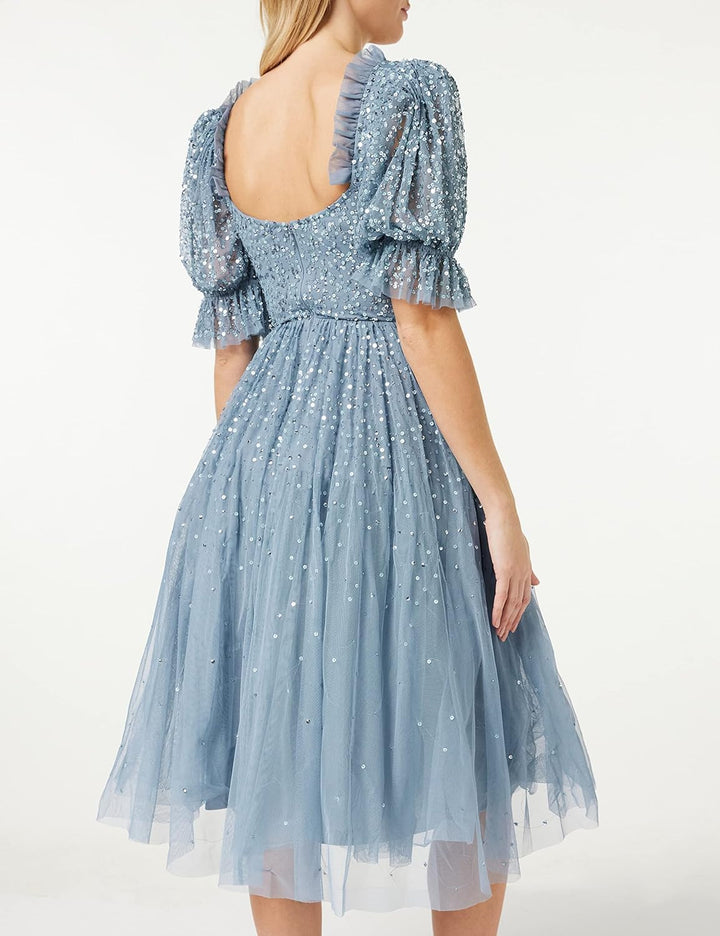 Maya Deluxe Damen Ladies Dress Women Midi Sequin Embellished Frilly Sweetheart Neckline Puffed Sleev