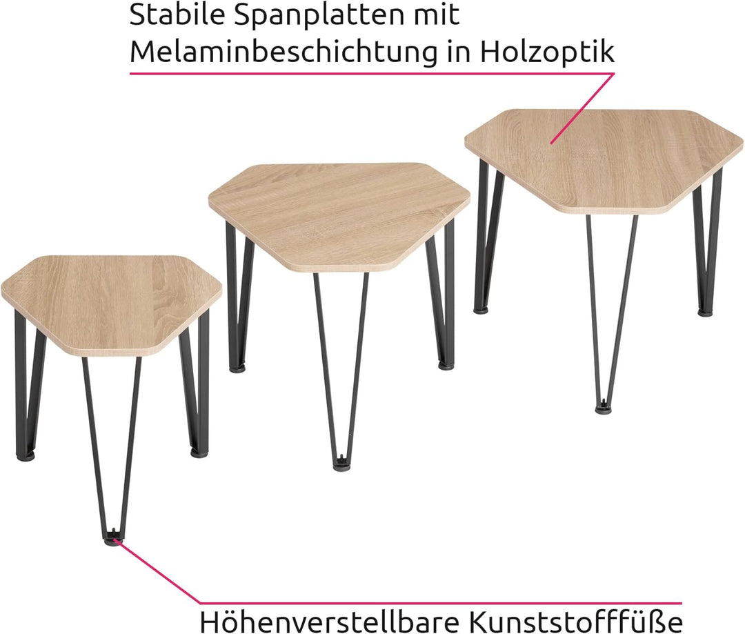 tectake Beistelltisch 3er Set, sechseckiger Couchtisch in 3 Grössen, Industrie-Stil, Holz Satztische