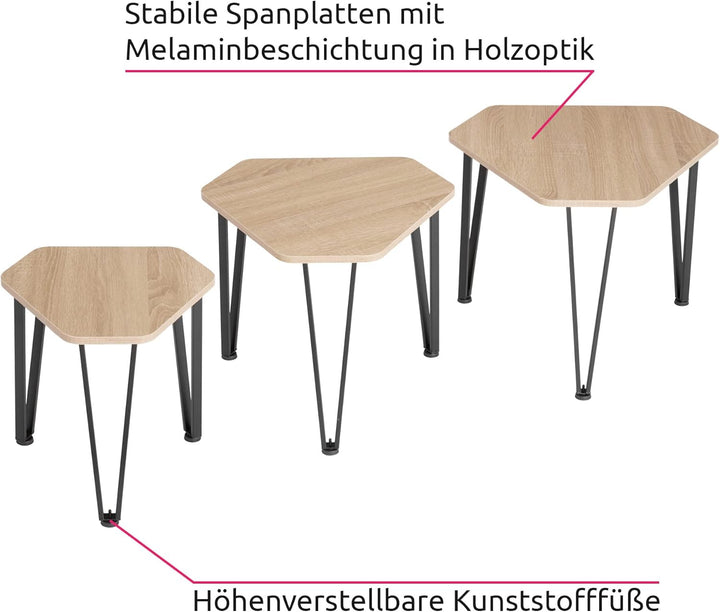 tectake Beistelltisch 3er Set, sechseckiger Couchtisch in 3 Grössen, Industrie-Stil, Holz Satztische