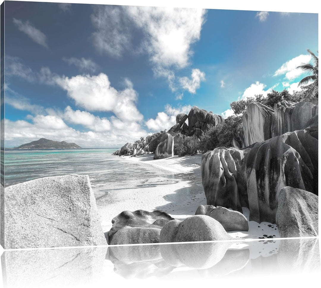 Pixxprint Seychellen Strand als Leinwandbild/Grösse: 100x70 cm/Wandbild/Kunstdruck/fertig bespannt,