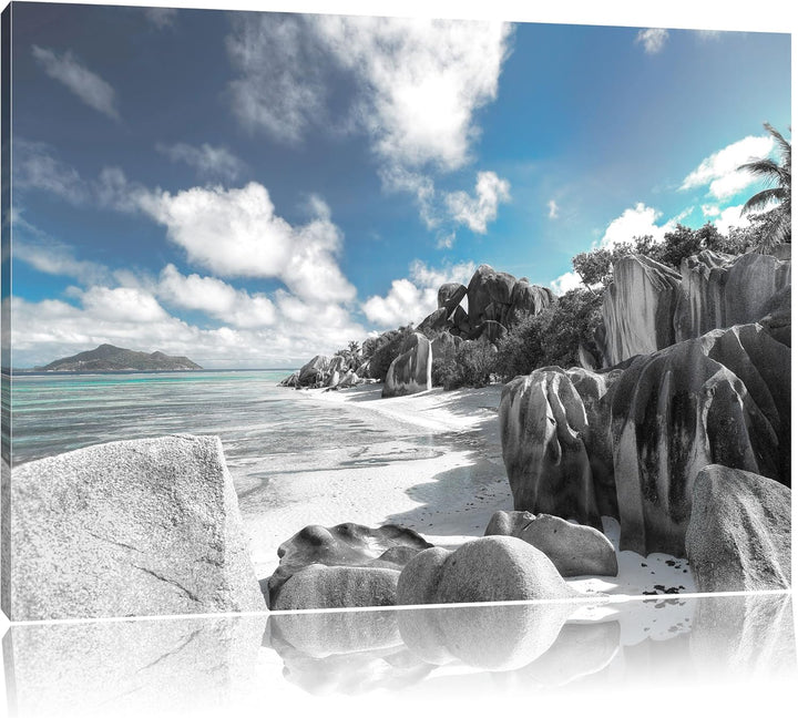 Pixxprint Seychellen Strand als Leinwandbild/Grösse: 100x70 cm/Wandbild/Kunstdruck/fertig bespannt,