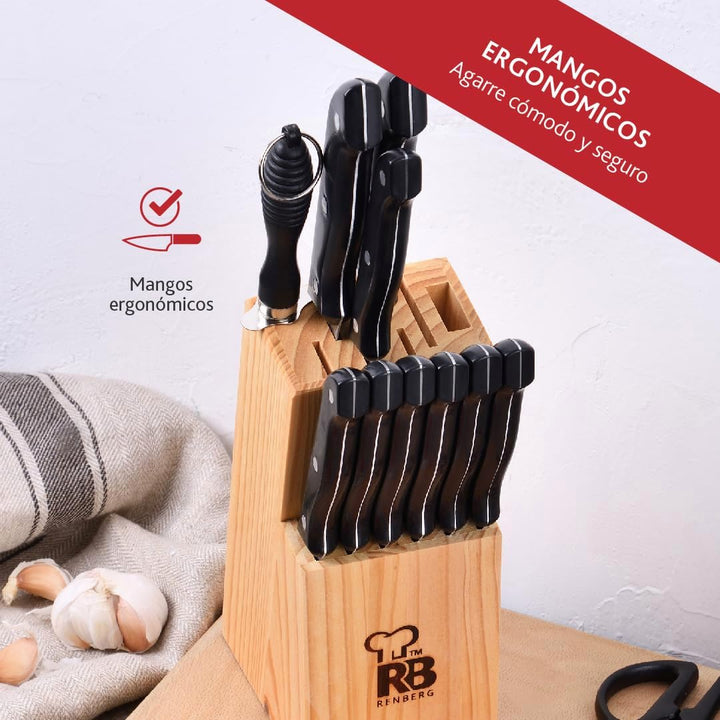 RENBERG TENESSY - Set 15-teilig Messer und Messerschärfer mit Holzmesserblock - Edelstahl - Schwarze