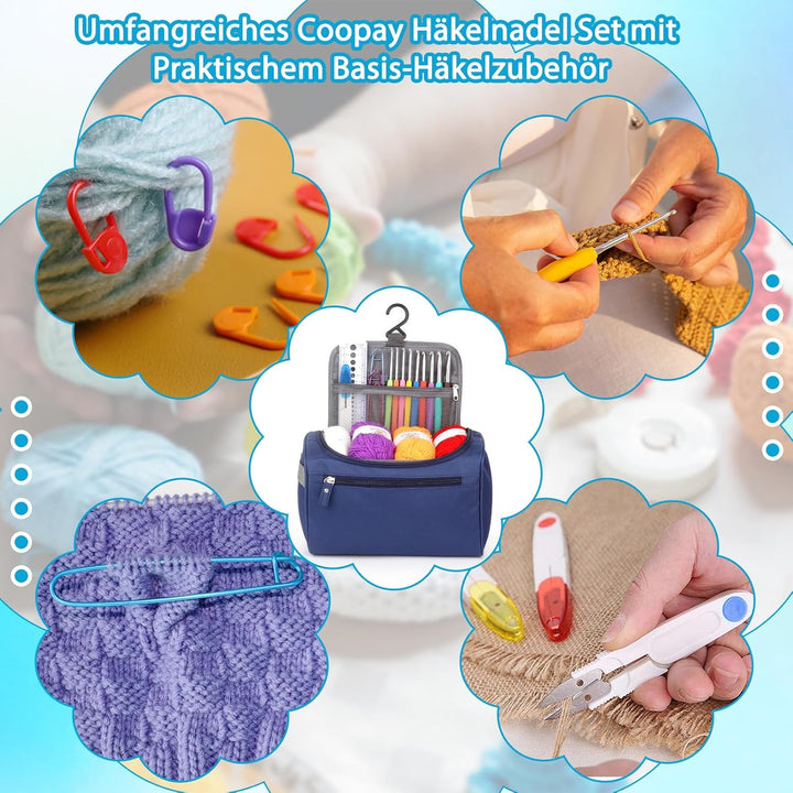 Coopay Tragbar Häkelset für Anfänger, Häkelnadel Set mit 15 Wolle, Tasche, Häkelzubehör, Ergonomisch