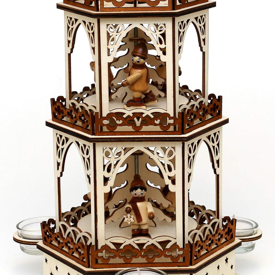 Dekohelden24 Holz Teelichtpyramide in Natur/braun mit 3 Etagen für 3 Teelichte L/B/H: 19 x 16 5 x 42