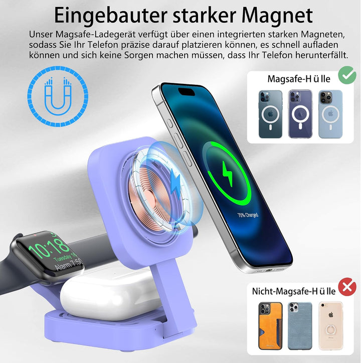 3 in 1 induktive Ladestation für Apple-Geräte, Faltbarer 3 in 1 kabelloses Ladegerät für Magsafe für