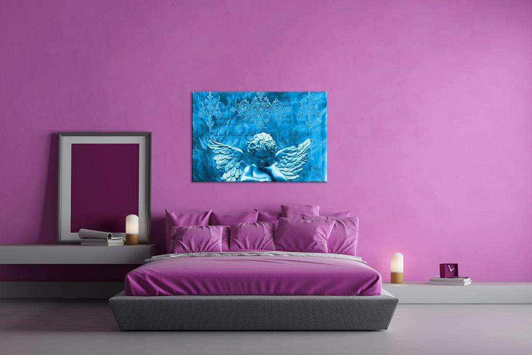 deyoli goldene Engelsstatur Format 80x60 Effekt: Monocrome Blau als Leinwandbild, Motiv fertig gerah