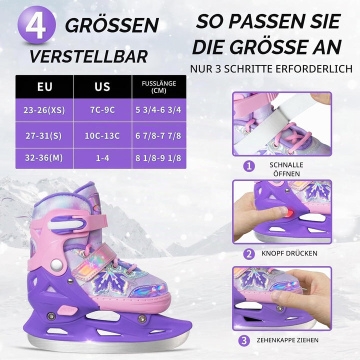 Nattork verstellbare Kinder Eisrutschen - 4 Grösse Schneeflocken Spitze-Up Skates mit warmem Plüsch