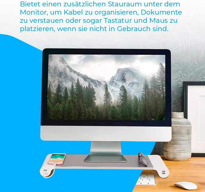 NK Tragbarer Monitorständer - Anti-Rutsch Aluminium, Computer-Riser, 4 USB-Ladeanschlüsse, 22W, bis