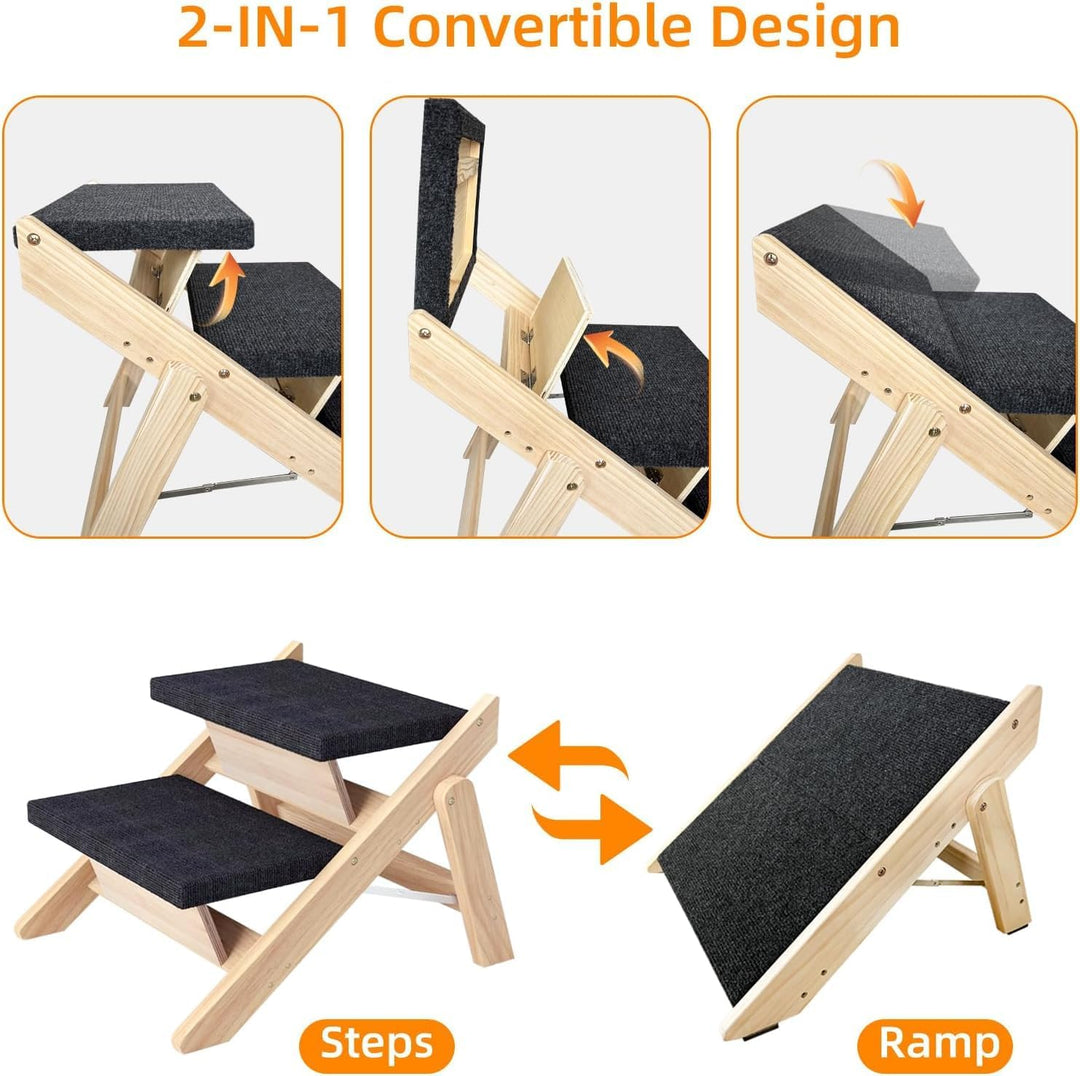 Holz-Hundetreppe & Rampe 2-in-1, Klappbar und Tragbar für Kleine und Mittelgrosse Hunde sowie Katzen