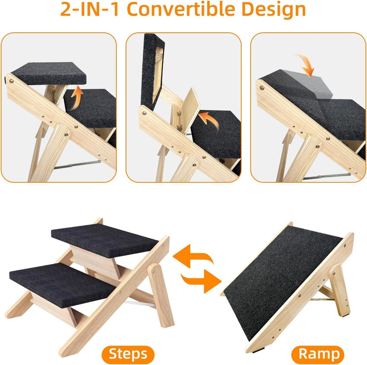Holz-Hundetreppe & Rampe 2-in-1, Klappbar und Tragbar für Kleine und Mittelgrosse Hunde sowie Katzen