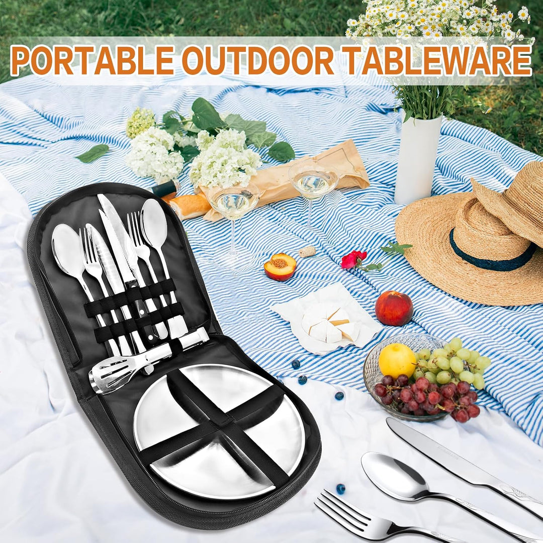 Camping Geschirr 2/4 Personen, 11/21PCS Camping Zubehör Camping Besteck Set Edelstahl Picknick Zubeh