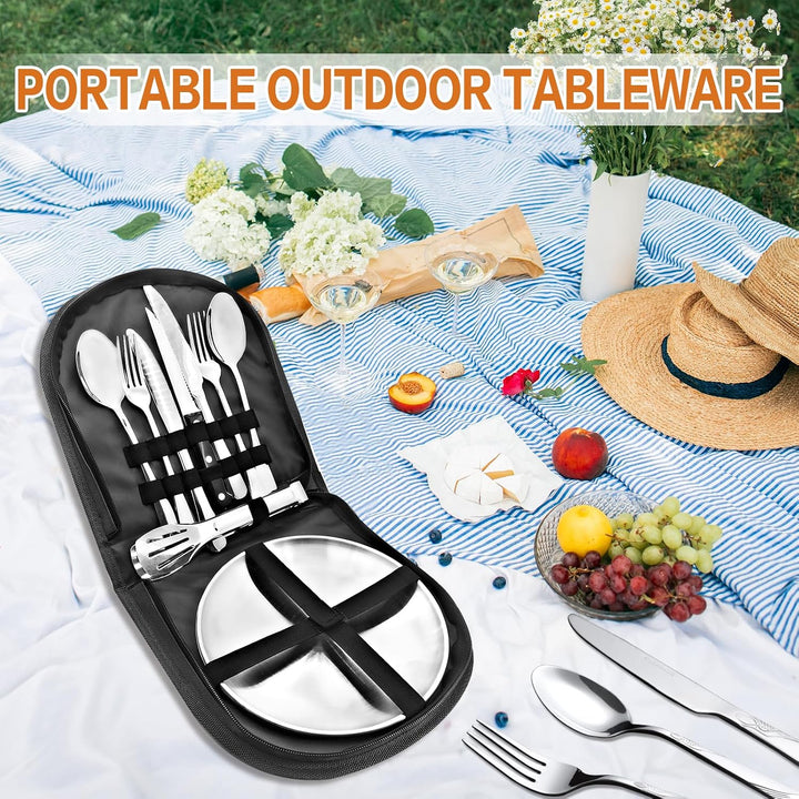 Camping Geschirr 2/4 Personen, 11/21PCS Camping Zubehör Camping Besteck Set Edelstahl Picknick Zubeh