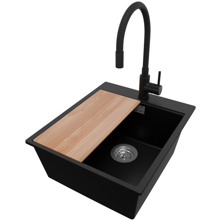 PRIMAGRAN Granitspüle Schwarz 43x50cm, Spülbecken 1 Becken + Küchenarmatur 40x38cm + Zuberhor-Set, K
