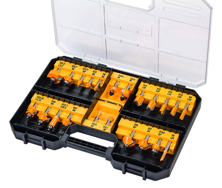 Dewalt Fräser-Set 22 tlg. (Nutfräser, Zinkenfräser, Hohlkehlfräser, in Aufbewahrungsbox mit Klarsich